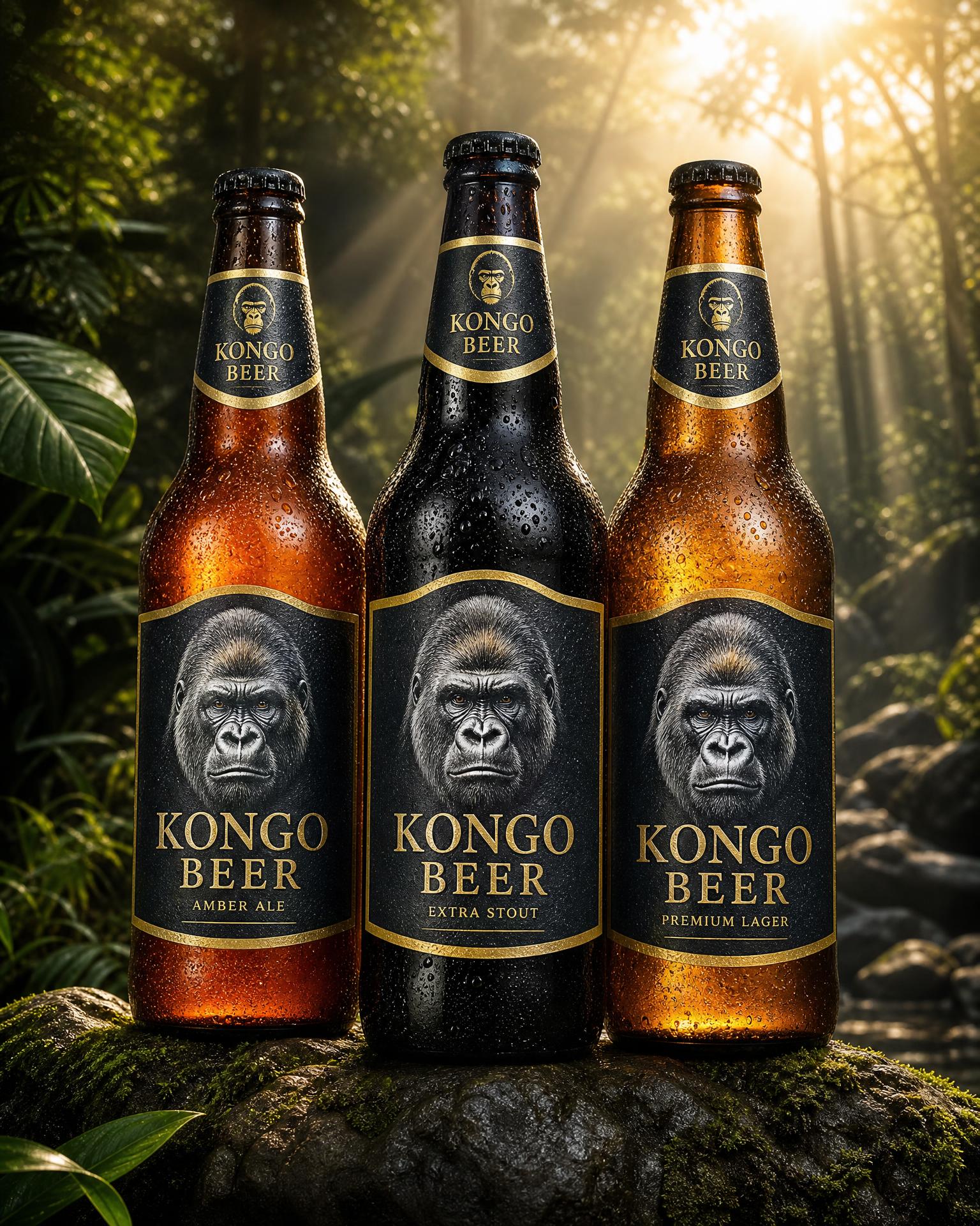 Kongo Beer Amber Ale, Extra Stout and Premium Lager bottles with the gorilla logo in a misty jungle clearing at dawn